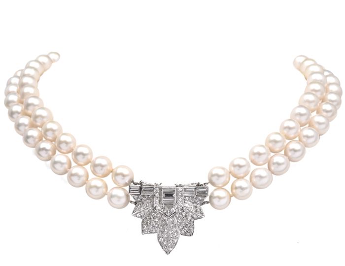 Vintage Double Strand Pearl Diamond Platinum Necklace