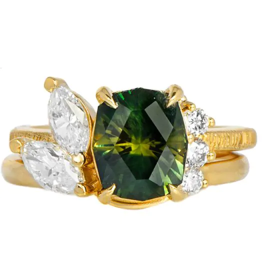 Custom Order Green Sapphire Diamond 18K Yellow Gold Engagement Ring & Wedding Band Bridal Set