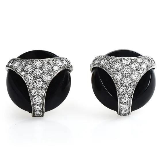 Patek Phillipe Diamond Onyx 18K Gold Retro Round Large Cufflinks 