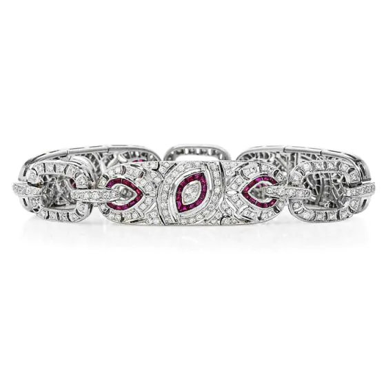 Art Deco Design Diamond Ruby 18K White Gold Marquise Eye Link Bracelet