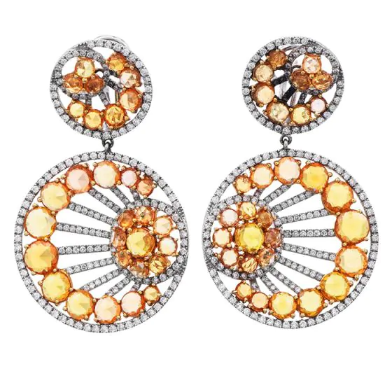 Estate Diamond Yellow Sapphire 18K Gold  Round Dangle Hoop Earrings