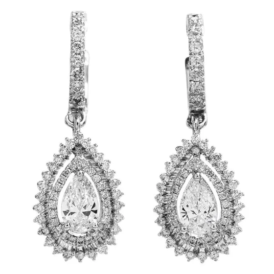Estate Pear Cut Diamond 14K White Gold Hoop Dangle Drop Earrings