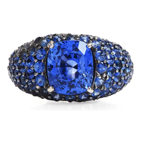 GIA Ceylon Blue Sapphire Diamond 18K Gold Pave Cluster Cocktail Ring 