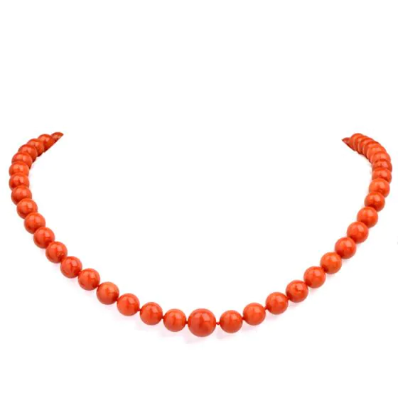 Natural GIA Red Coral Bead 19 Inch Strand Gold Necklace