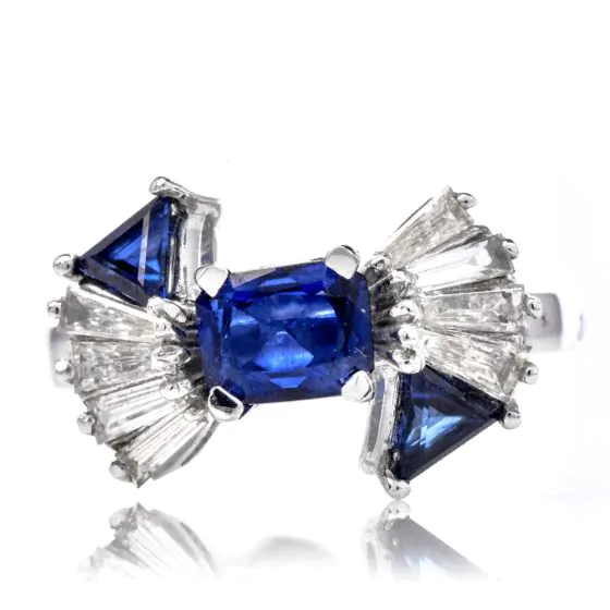 Estate Diamond Sapphire 18K Gold Bow Designed Engagement Ring|DoverJewelry|