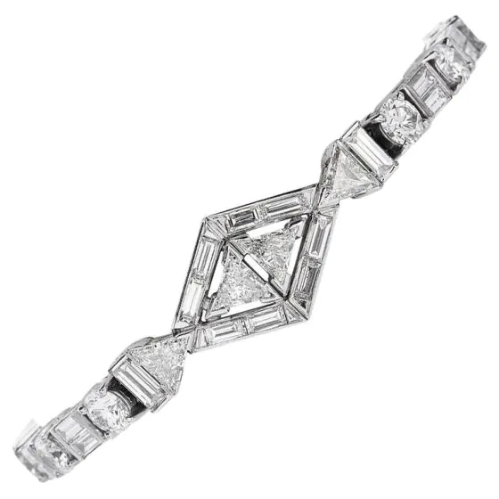 Vintage Diamond Ruby 18K White Gold Wide Cluster Link Bracelet 