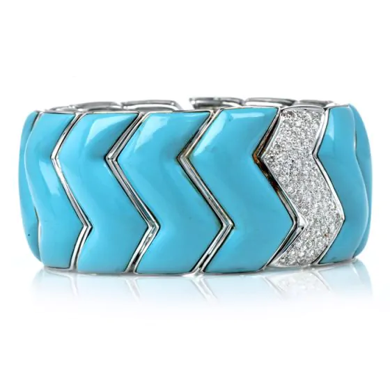 Vintage Pave Diamond Turquoise 18K White Gold Braided Cuff Bangle Bracelet