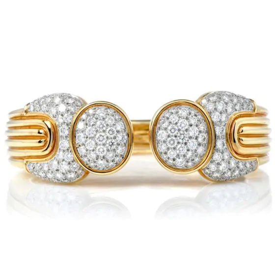 Vintage Pave Diamond 18K Yellow Gold Platinum Cluster Bypass Cuff Bracelet