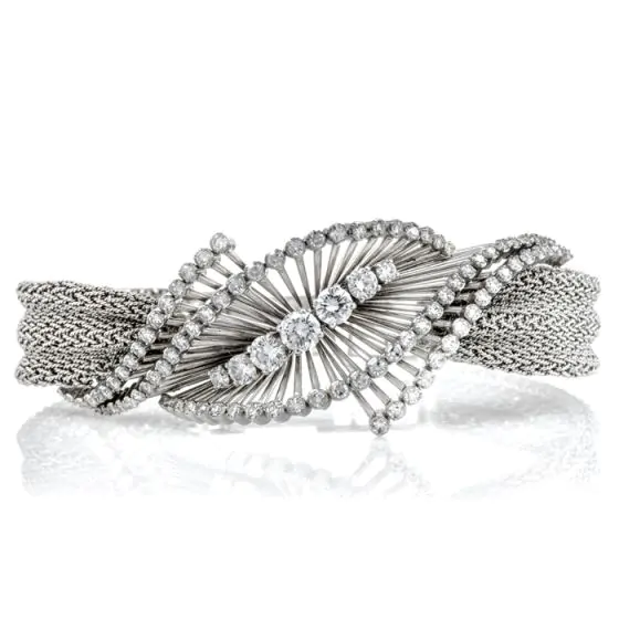 Vintage Diamond 18K White Gold Bypass Mesh Retro Bracelet-Dover Jewelry