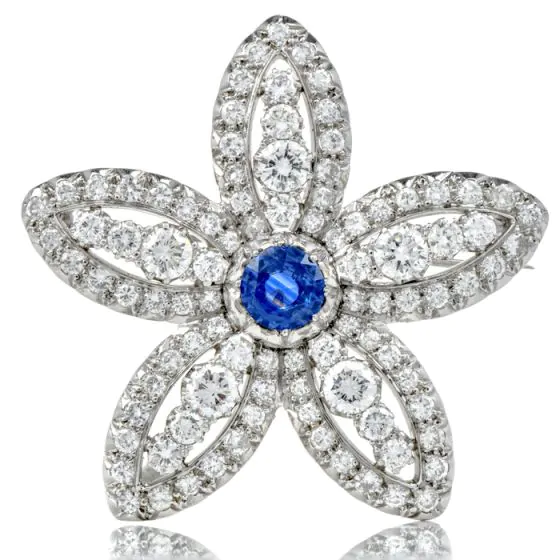 GIA Blue Sapphire Diamond Platinum Star Flower Brooch Pin