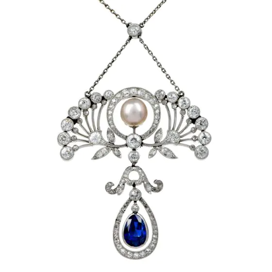 Antique Edwardian Diamond GIA Natural Pearl Sapphire Platinum  Floral Pendant Chain Necklace 
