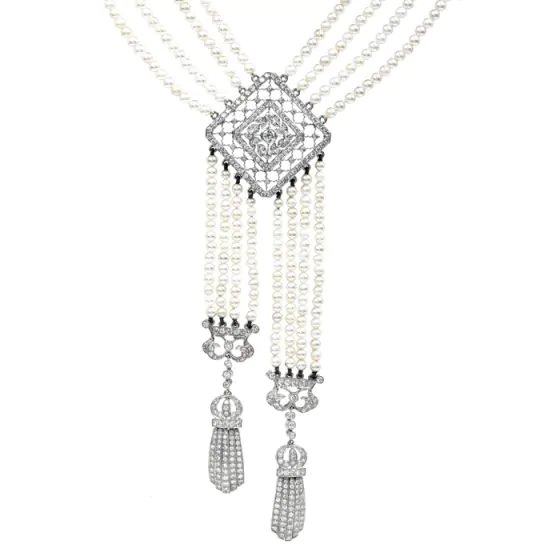 Vintage Diamond Pearl 18K White Gold Filigree Tassel Dangle Drop Necklace