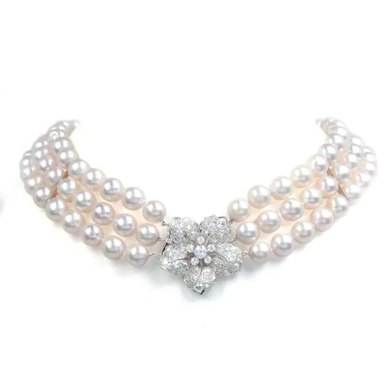 Vintage Diamond Akoya Pearl Platinum Triple Strand Choker Necklace
