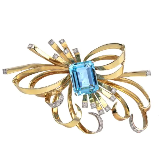 GIA 19.01cts Aquamarine Diamond 18K Gold Ribbon Pin-Dover Jewelry