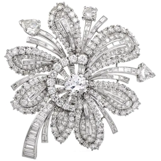 Vintage 24.70cts  Diamond Platinum Floral Flair Brooch Pin  -Dover Jewelry