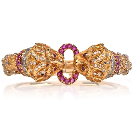 Lalaounis Vintage Greek Revival Ruby Lion Head Gold Bangle Bracelet|Dover Jewelry|