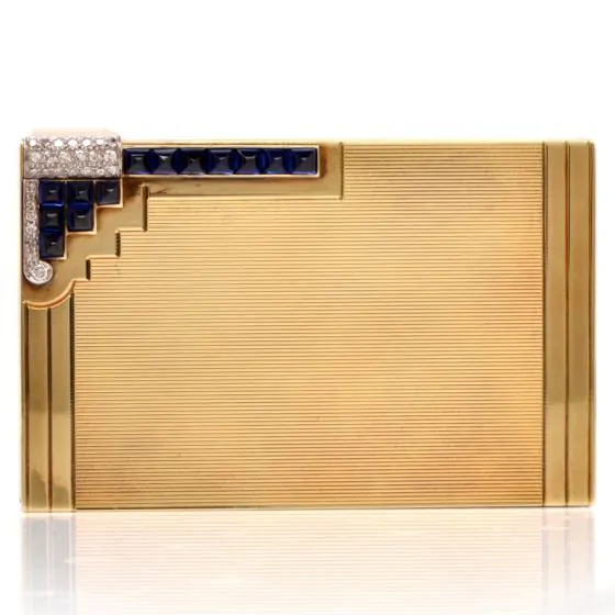 Vintage 14K Yellow Gold Diamond Sapphire Compact Box 115. grams