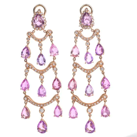 GIA No Heat Pink Sapphire 17cts Diamond 18K Gold Chandelier Earrings|Dover Jewelry|