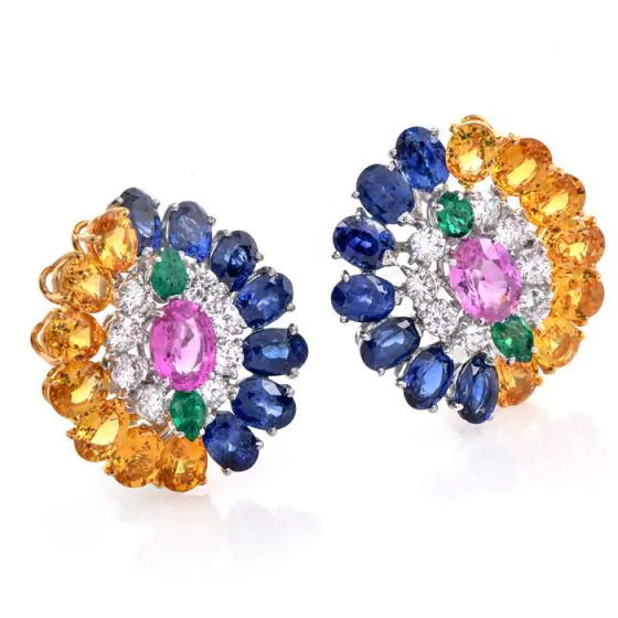 Sapphire Diamond Emerald Platinum 18K Gold Floral Cluster Statement Earrings|Dover Jewelry|