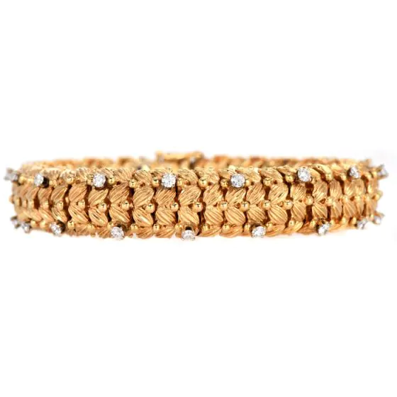 Vintage Diamond 14K Gold Woven Grooved Statement Bracelet-Dover Jewelry