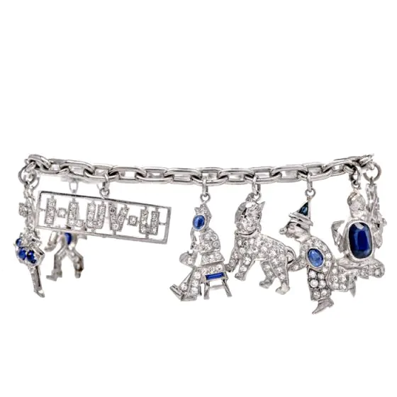 Vintage Nautical Diamond Sapphire Emerald Ruby Charm Bracelet 