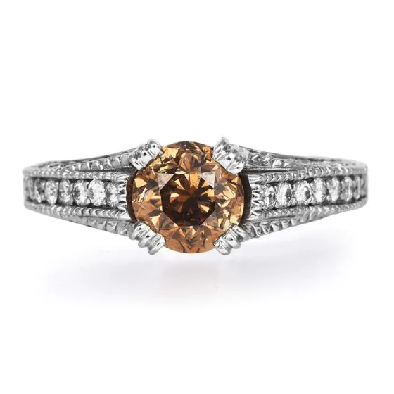 Estate Fancy Brown Yellow Diamond White Gold Engagement Rin