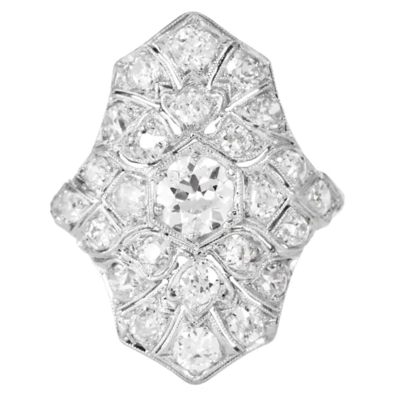 Antique Art Deco Old European Cut Diamond Platinum Navette Ring 