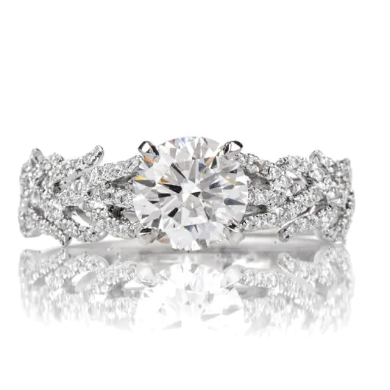 GIA Hidalgo Round Diamond 18K Gold Feather Band Engagement Ring