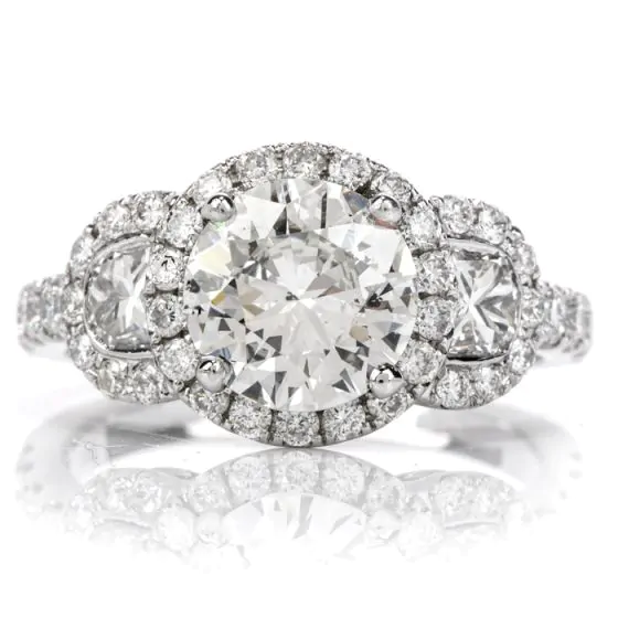 GIA 1.72ct Round Diamond 18K Gold 3 Stone Halo Engagement Ring