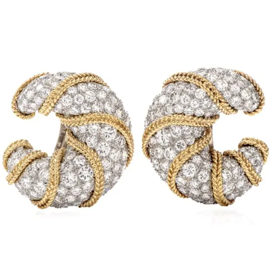 Vinatge Diamond Platinum Gold Clip-Back Half Hoop Shrimp Earrings