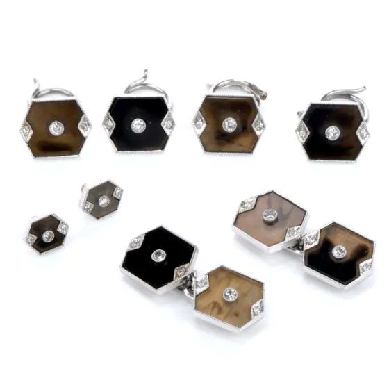 Vintage Diamond Onyx Brown Quartz Tuxedo Cufflink Button Set
