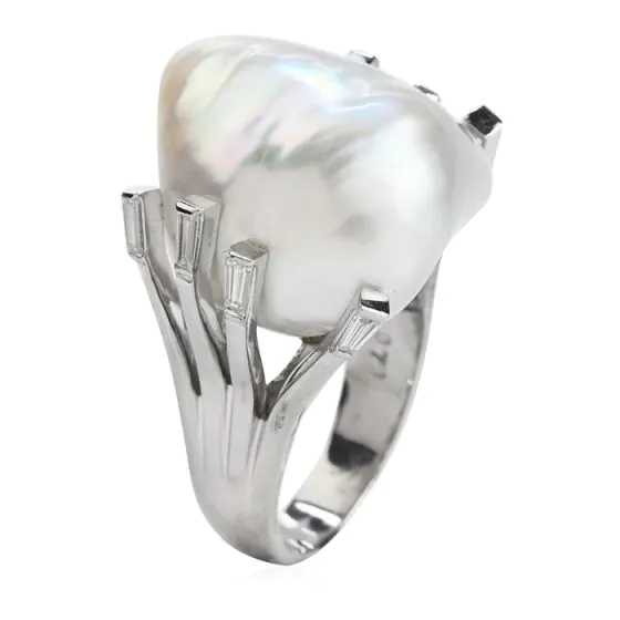 Estate Large Baroque White Pearl Platinum  Cocktail Ring