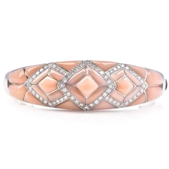Estate Diamond Pink Coral 18K Gold Inlay Bangle Bracelet. 