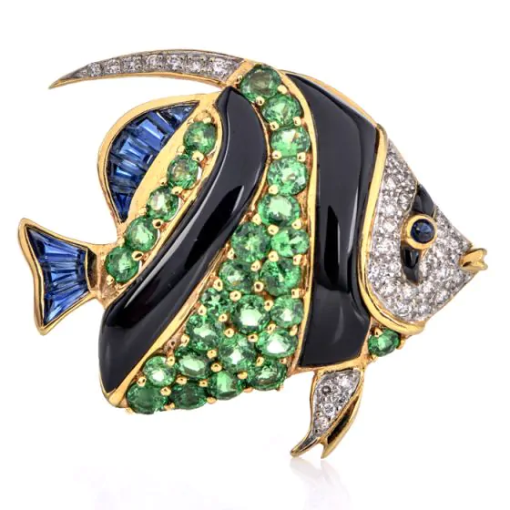 Multi Gem Tsavorite Onyx diamond Fish Pin Pendant