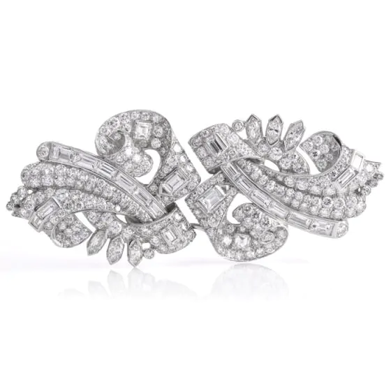 Vintage 12.82cttw Diamond Platinum Double Clip Brooch Pin