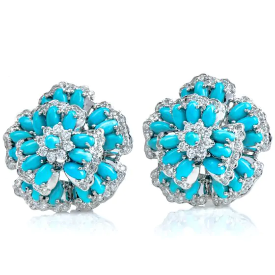 Elegant Diamond Fine Turquoise 18K Yellow Gold Blue Flower Clip On Earrings 