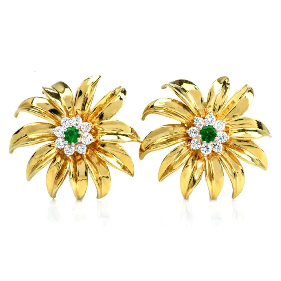 Tiffany & Co. Vintage Diamond Emerald 18K Yellow Gold Flower Clip-On Earrings 