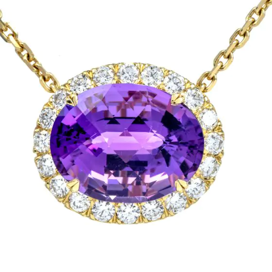 Vintage Retro Amethyst Diamond 18K Yellow Gold Halo Dangle Drop Pendant Chain Necklace