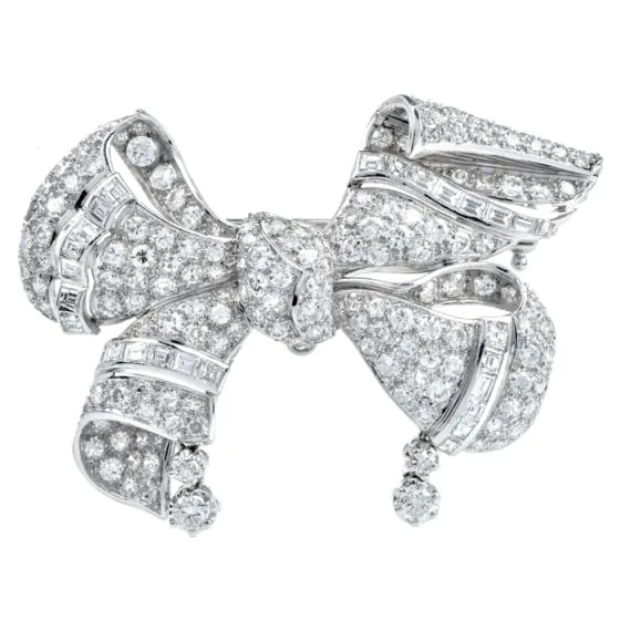 Vintage Art Deco Diamond Platinum Large Bow Brooch Pin Pendant 