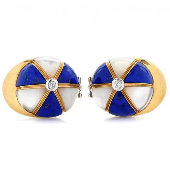 Vintage Diamond Lapis Lazuli Mother Of Pearl 18K Gold Baseball Cap Cufflinks