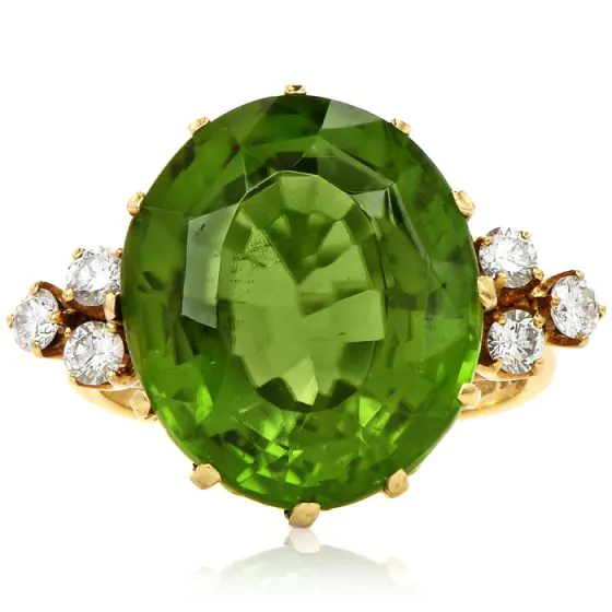 Estate Peridot Diamond 18K Yellow Gold British Cocktail Ring