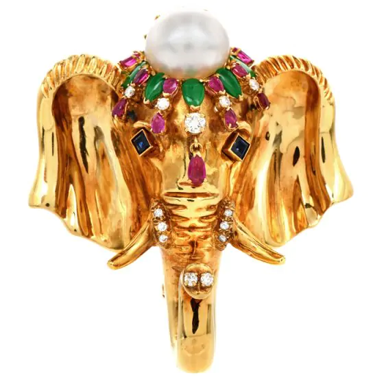 Vintage Elephant Diamond Pearl Sapphire Ruby Emerald 18K Gold Brooch Pin