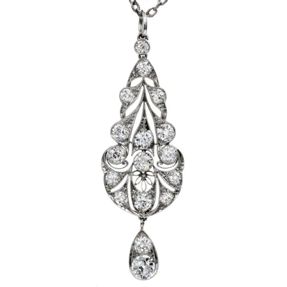 Antique Old European Cut Diamond Platinum Floral Filigree Dangle Pendant