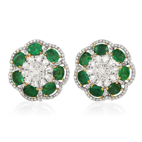 Estate Flower Emerald Diamond 18K Gold Stud Earrings