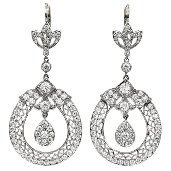 Deco Style Diamond Platinum Round Drop Sparkle Dangle Earrings
