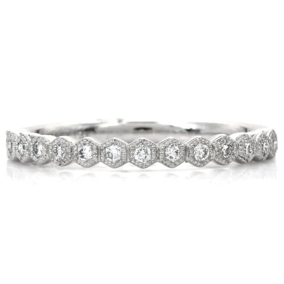 Estate Diamond White Gold Hexagon Stackable Wedding Band Ring 