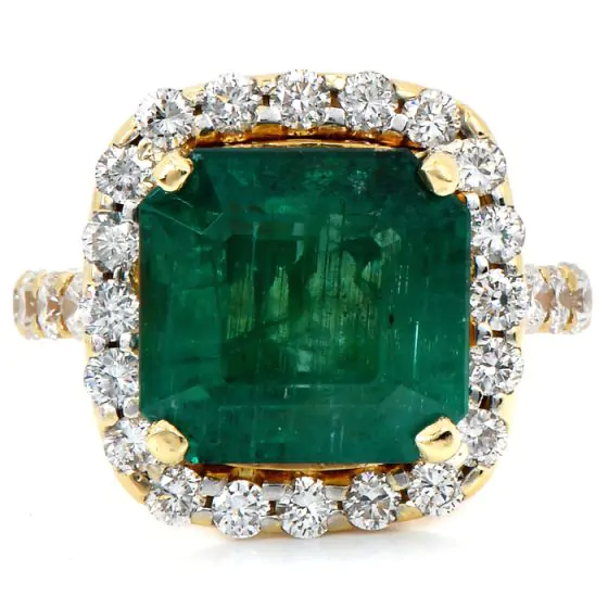 Elegant Diamond 8.08ct Genuine Emerald 18K Yellow Gold Halo Eternity Cocktail Ring