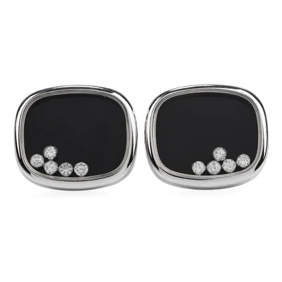 Vintage Floating Diamond Onyx 18K White Gold Tuxedo Men's Cufflinks 