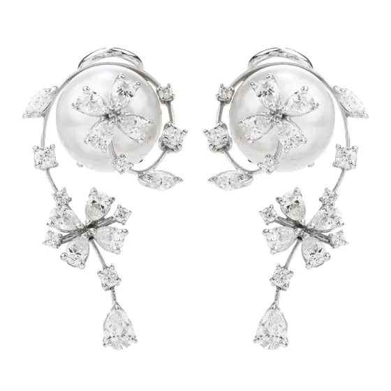 Stefan Hafner Diamond South sea Pearl 18K Gold Floral Earrings 