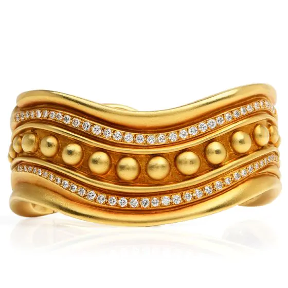 Vahe Naltchayan Vintage Diamond Heavy 18K Gold 80s Curved Bangle Bracelet 